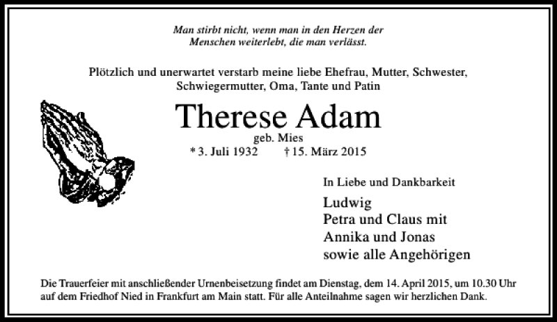 Traueranzeigen Von Therese Adam Trauer Rheinmain De