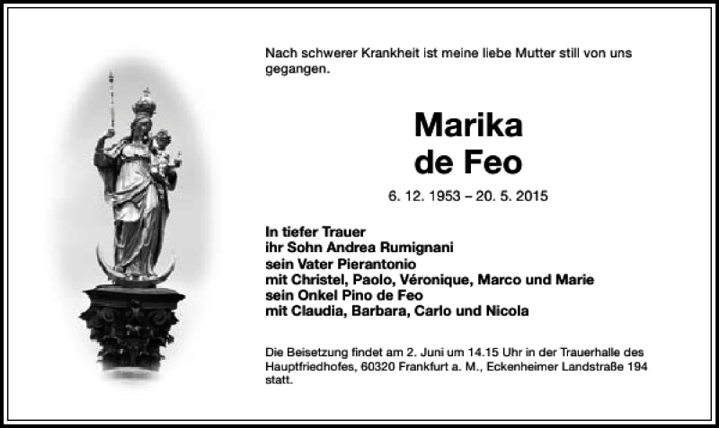 Traueranzeigen Von Marika De Feo Trauer Rheinmain De