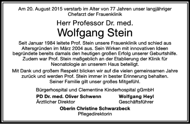 Traueranzeigen Von Professor Dr Med Wolfgang Stein Trauer Rheinmain De