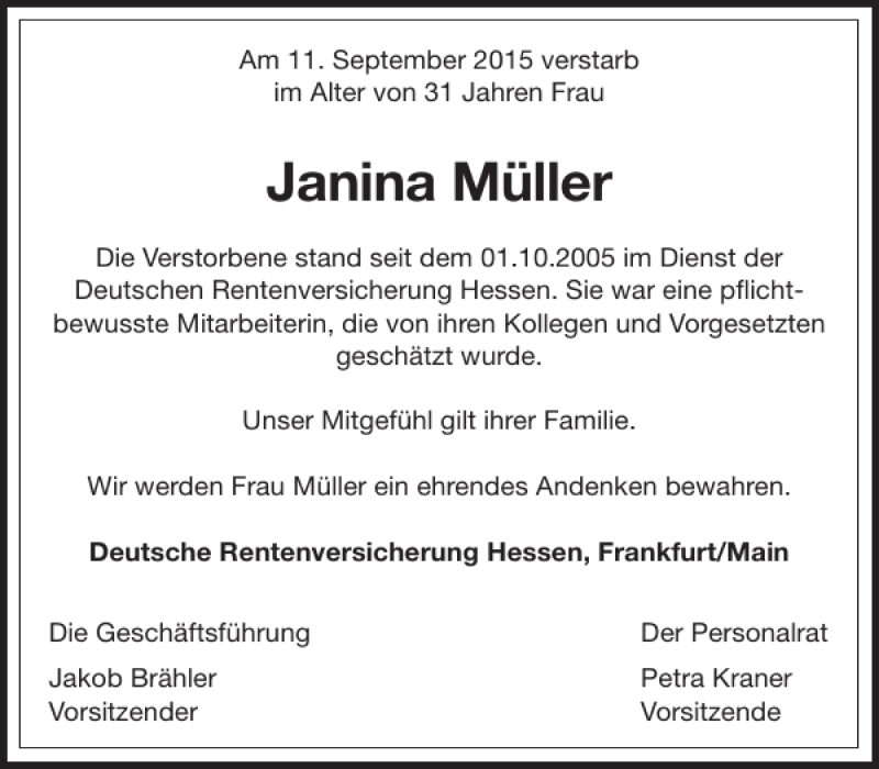 Traueranzeigen Von Janina M Ller Trauer Rheinmain De