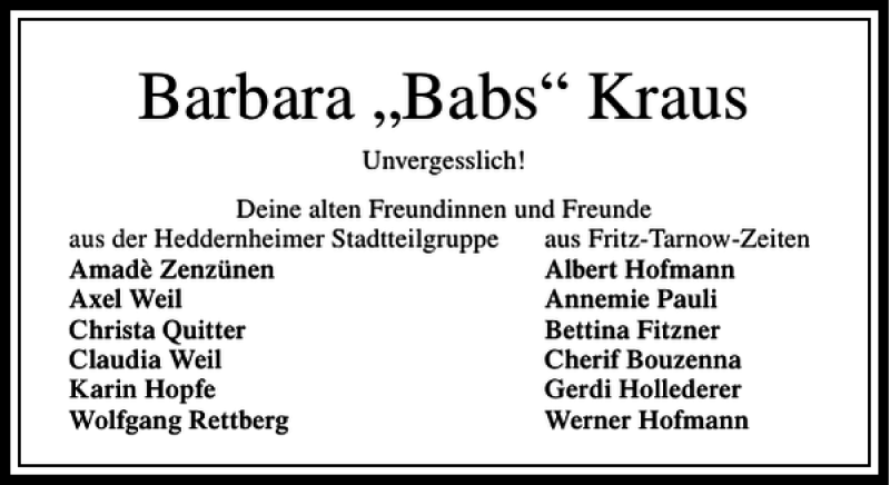 Traueranzeigen Von Barbara Babs Kraus Trauer Rheinmain De