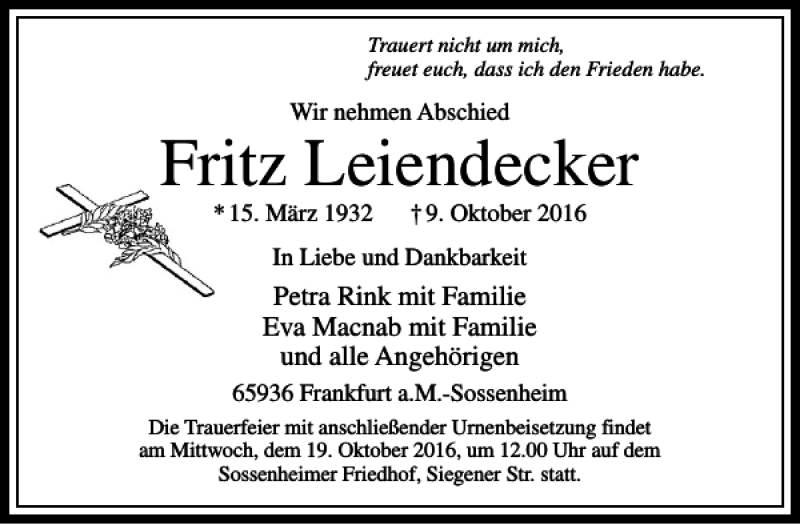 Traueranzeigen Von Fritz Leiendecker Fr Trauer Rheinmain De