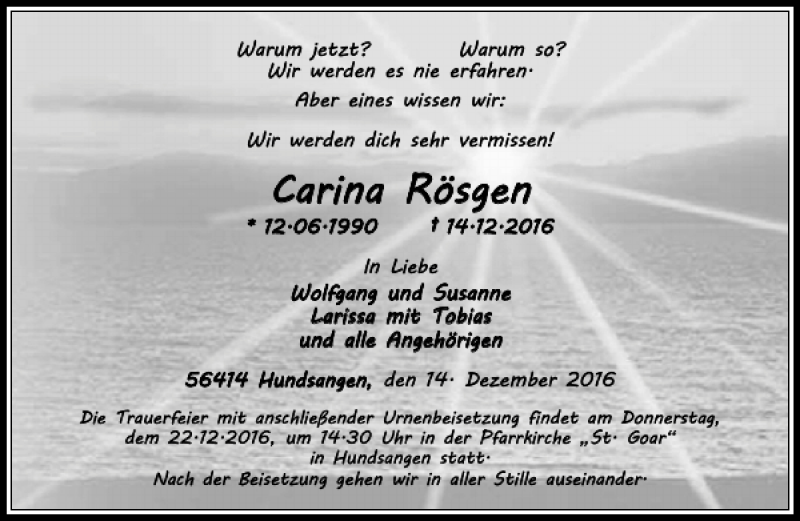  Traueranzeige für Carina Rösgen vom 20.12.2016 aus Rhein Main Media