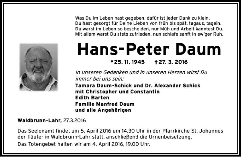 Traueranzeigen Von Hans Peter Daum Trauer Rheinmain De