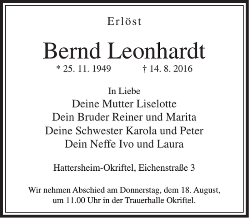 Traueranzeigen Von Bernd Leonhardt Trauer Rheinmain De