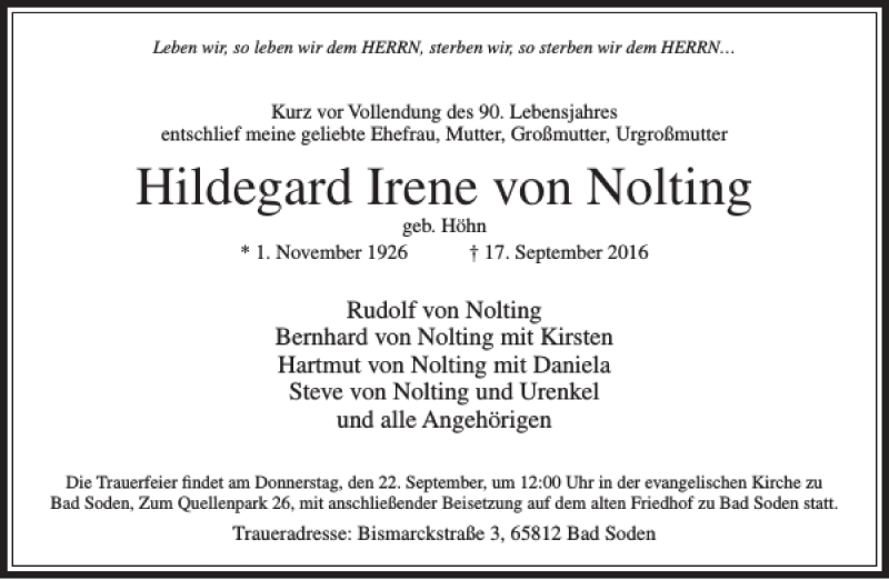 Traueranzeigen Von Hildegard Irene Von Nolting Trauer Rheinmain De