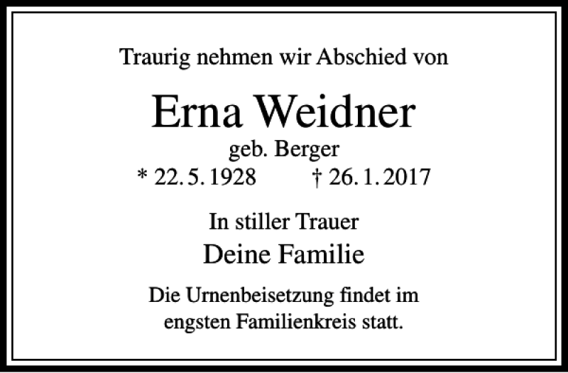 Traueranzeigen Von Erna Weidner Trauer Rheinmain De