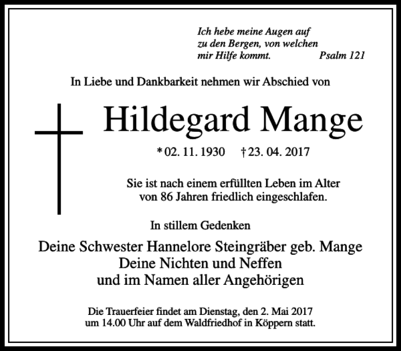 Traueranzeigen Von Hildegard Mange Trauer Rheinmain De