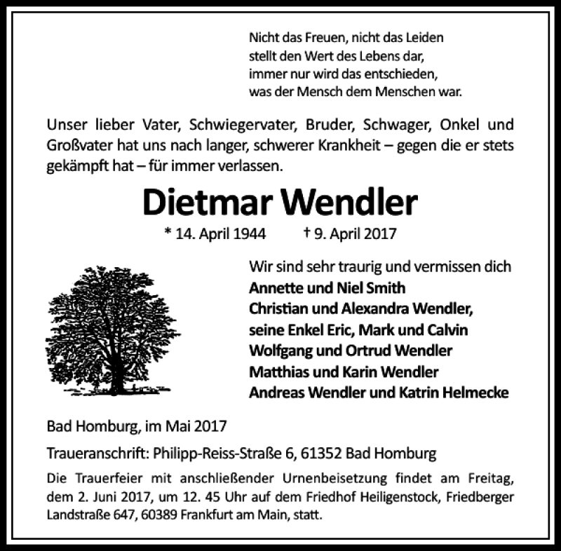  Traueranzeige für Dietmar Wendler vom 13.05.2017 aus Rhein Main Media