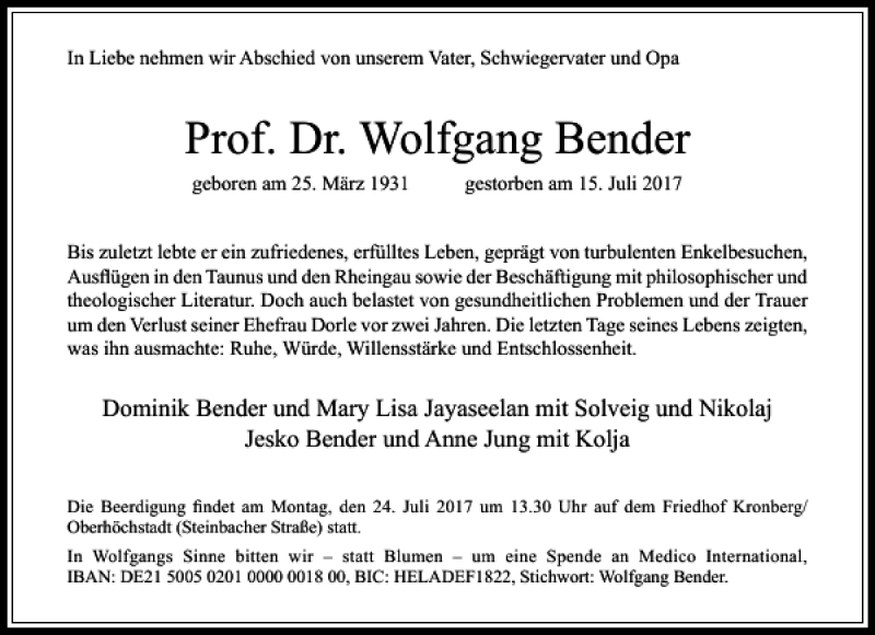 Traueranzeigen Von Prof Dr Wolfgang Bender Trauer Rheinmain De