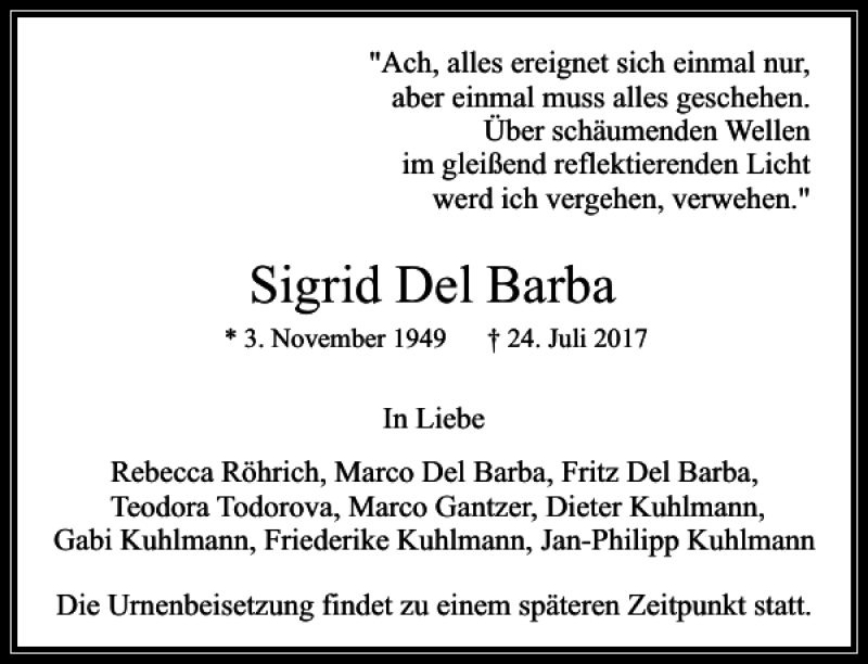 Traueranzeigen Von Sigrid Del Barba Trauer Rheinmain De