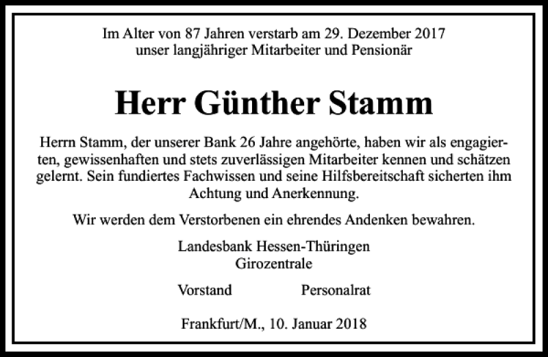 Traueranzeigen von Günther Stamm trauer rheinmain de