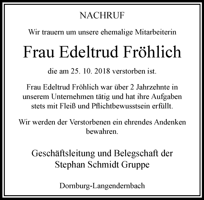 Traueranzeigen von Edeltrud Fröhlich trauer rheinmain de