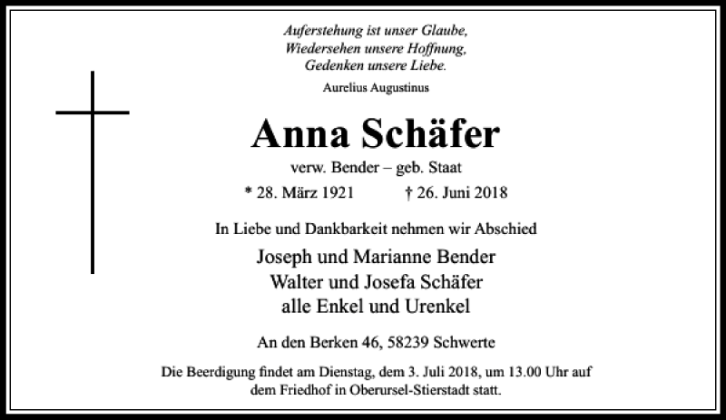 Traueranzeigen von Anna Schäfer trauer rheinmain de