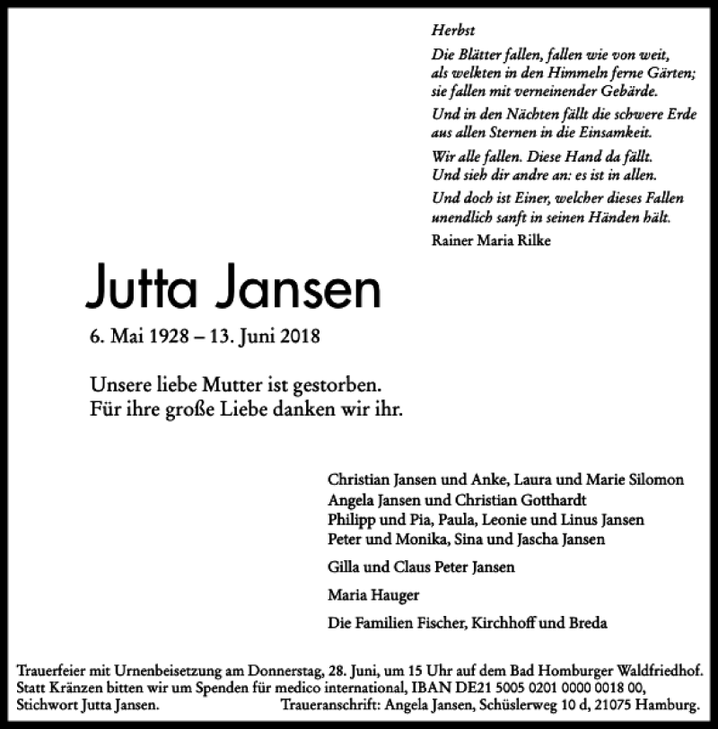 Traueranzeigen Von Jutta Jansen Trauer Rheinmain De