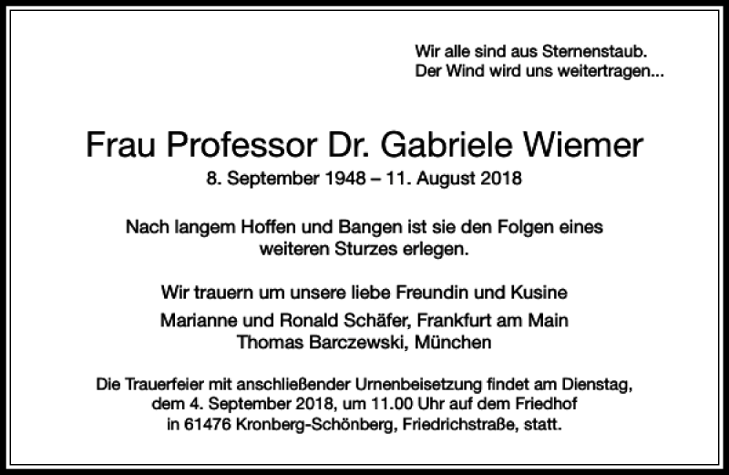 Traueranzeigen Von Frau Professor Dr Gabriele Wiemer Trauer Rheinmain De