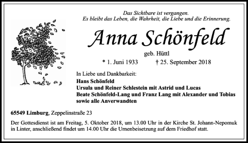 Traueranzeigen von Anna Schönfeld trauer rheinmain de