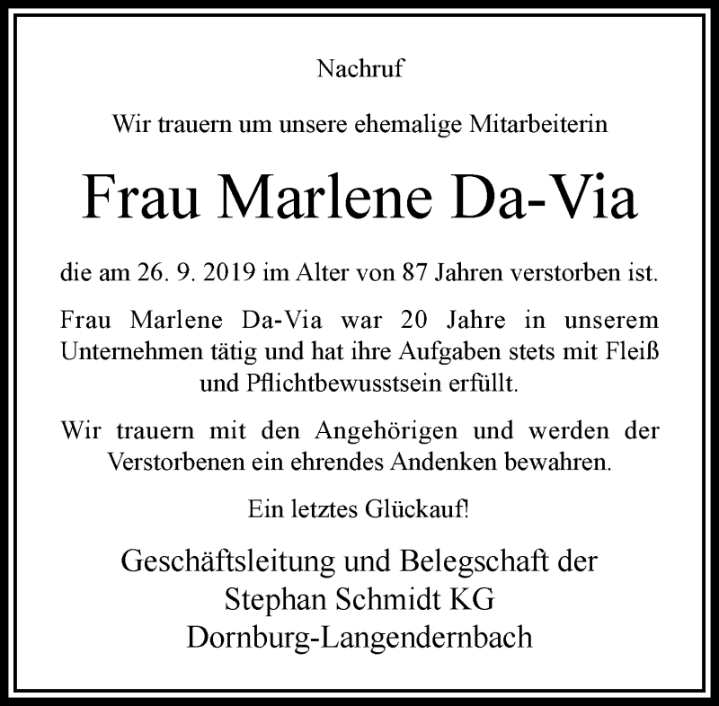 Traueranzeigen Von Marlene Da Via Trauer Rheinmain De