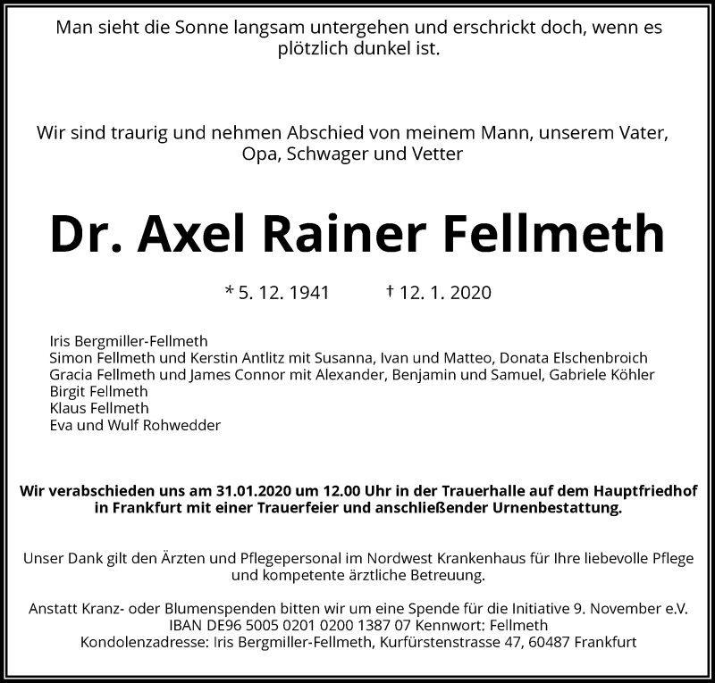 Traueranzeigen Von Axel Rainer Fellmeth Trauer Rheinmain De