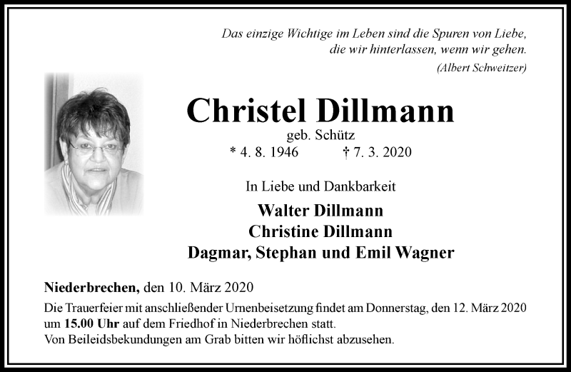 Traueranzeigen Von Christel Dillmann Trauer Rheinmain De