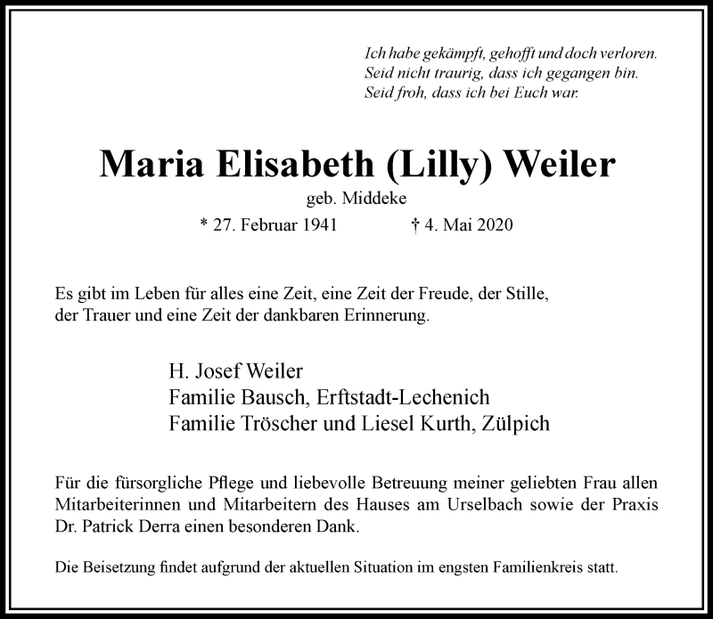 Traueranzeigen Von Maria Elisabeth Weiler Trauer Rheinmain De