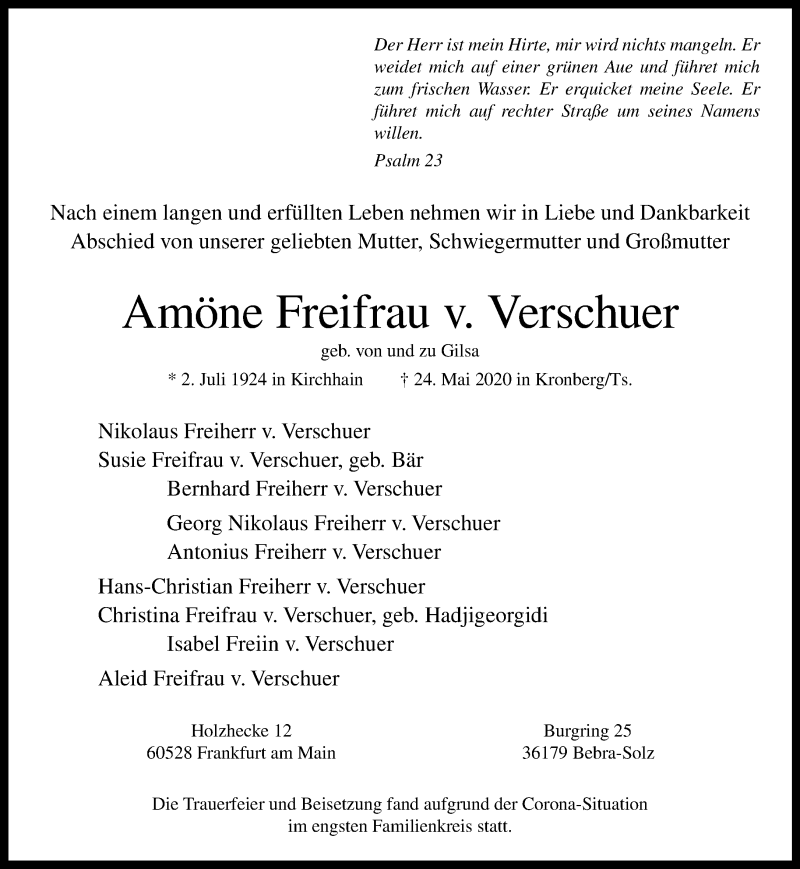 Traueranzeigen von Amöne Freifrau v Verschuer trauer rheinmain de