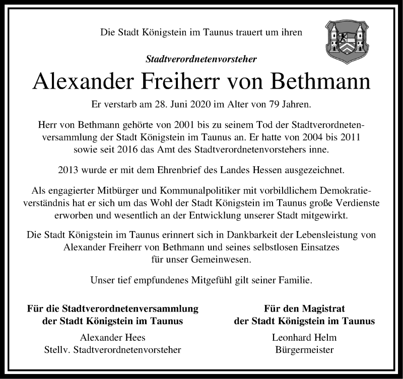 Traueranzeigen Von Alexander Freiherr Von Bethmann Trauer Rheinmain De