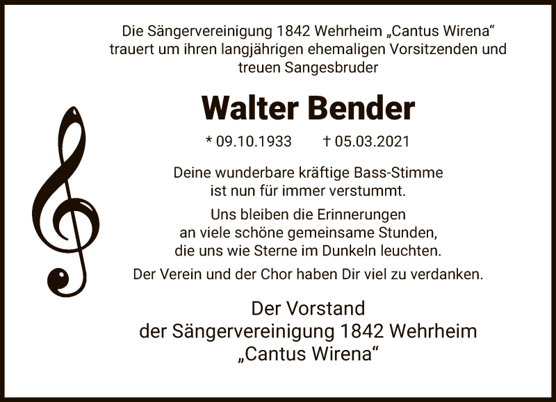 Traueranzeigen Von Walter Bender Trauer Rheinmain De