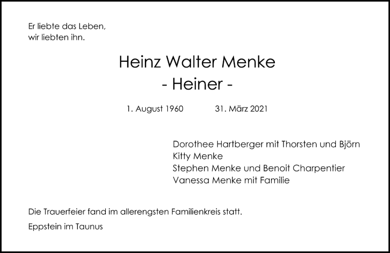 Traueranzeigen Von Heinz Walter Menke Trauer Rheinmain De