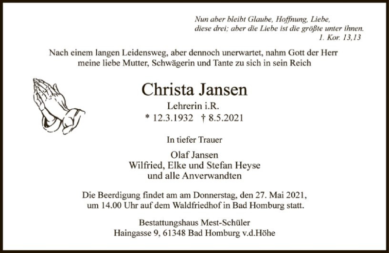 Traueranzeigen Von Christa Jansen Trauer Rheinmain De