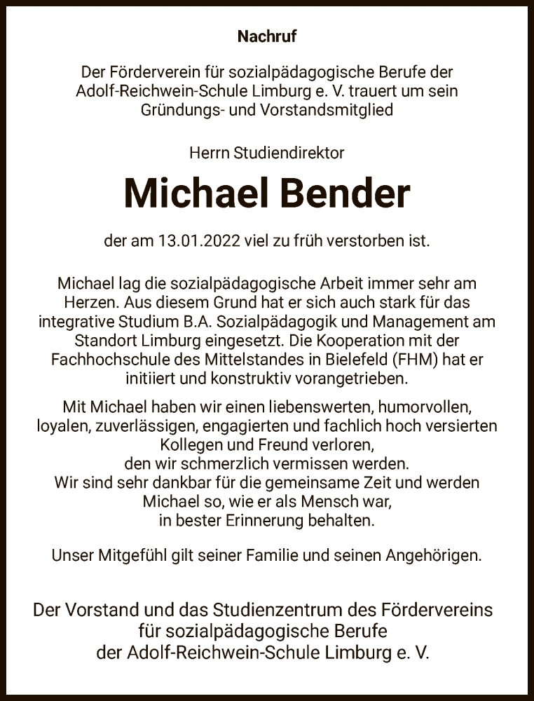 Traueranzeigen Von Michael Bender Trauer Rheinmain De