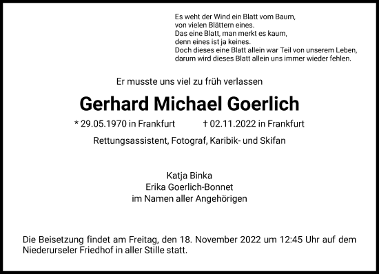 Traueranzeigen Von Gerhard Michael Goerlich Trauer Rheinmain De