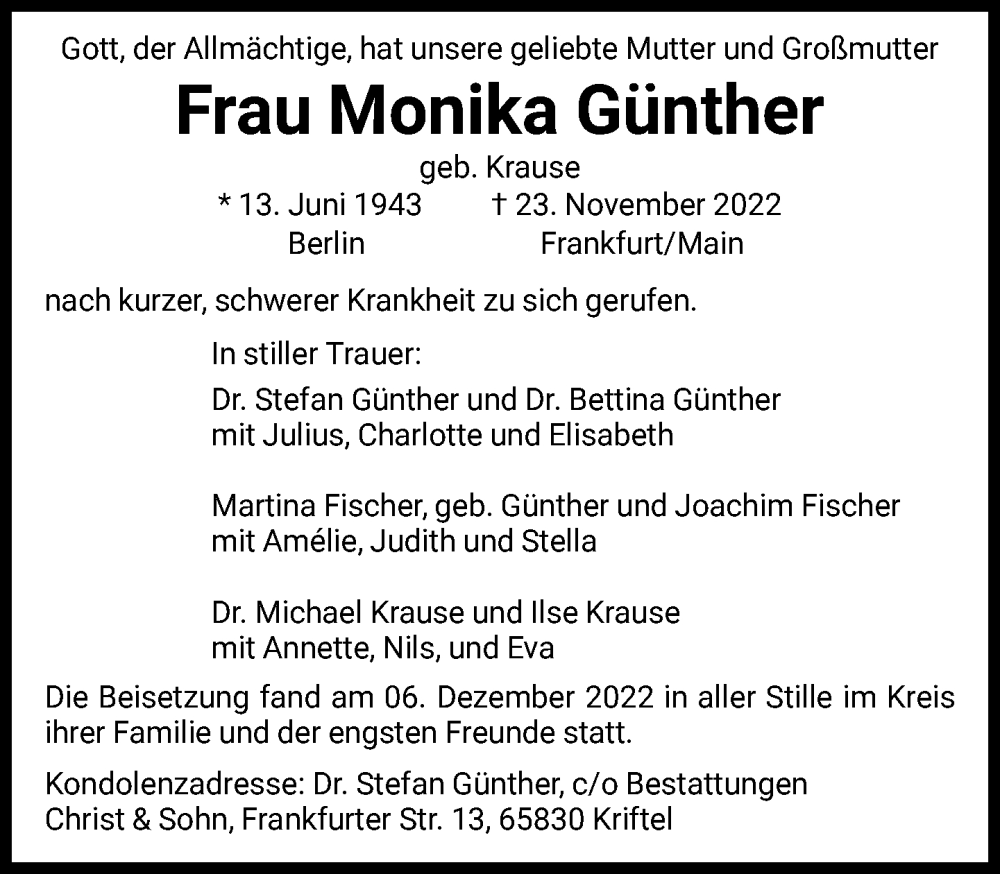 Traueranzeigen Von Monika G Nther Trauer Rheinmain De