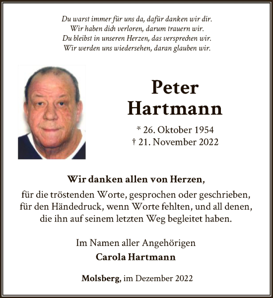 Traueranzeigen Von Peter Hartmann Trauer Rheinmain De