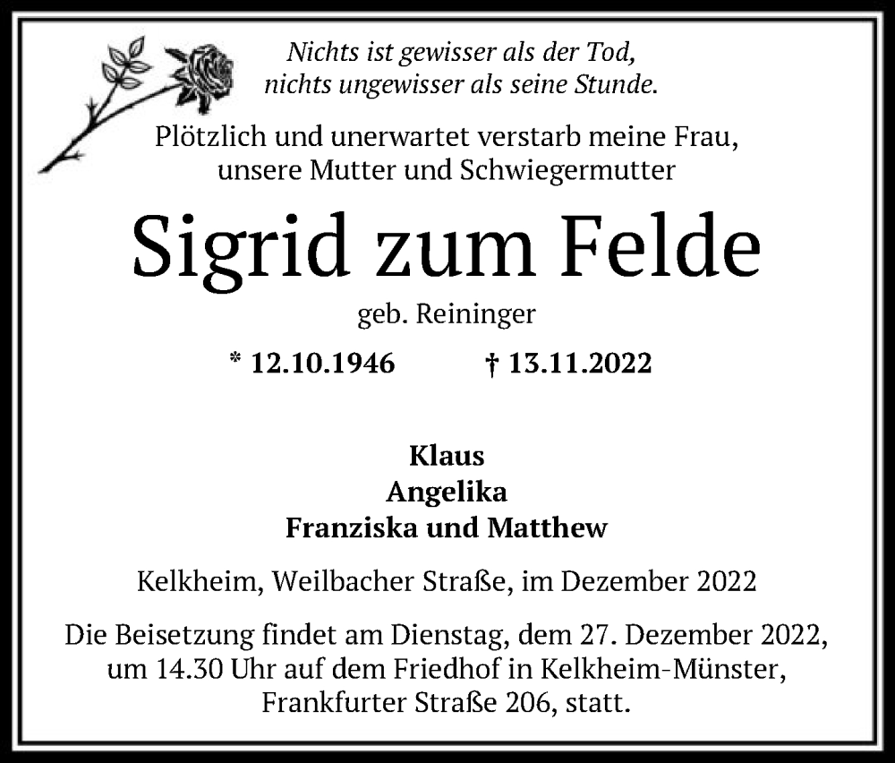 Traueranzeigen Von Sigrid Zum Felde Trauer Rheinmain De