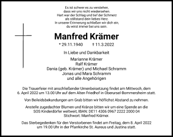 Traueranzeigen Von Manfred Kr Mer Trauer Rheinmain De