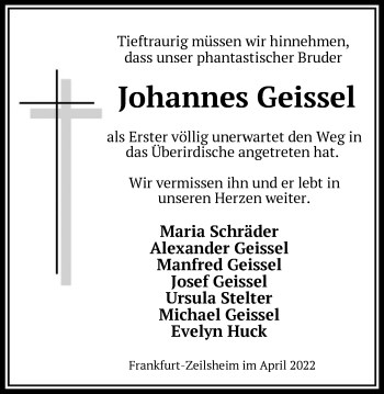 Traueranzeigen Von Johannes Geissel Trauer Rheinmain De