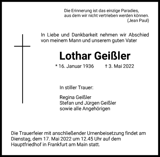 Traueranzeige von Lothar Geißler von FNP