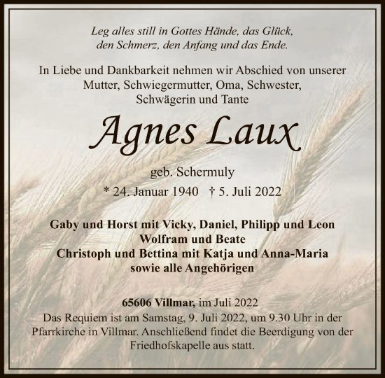 Traueranzeigen Von Agnes Laux Trauer Rheinmain De