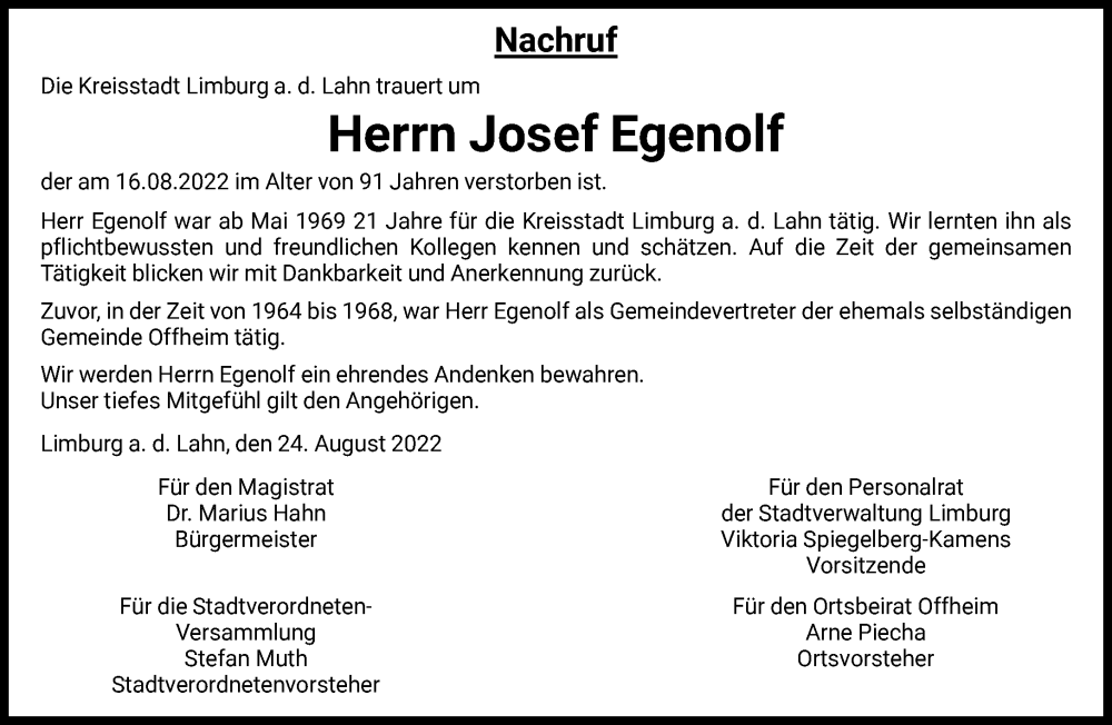 Traueranzeigen Von Josef Egenolf Trauer Rheinmain De