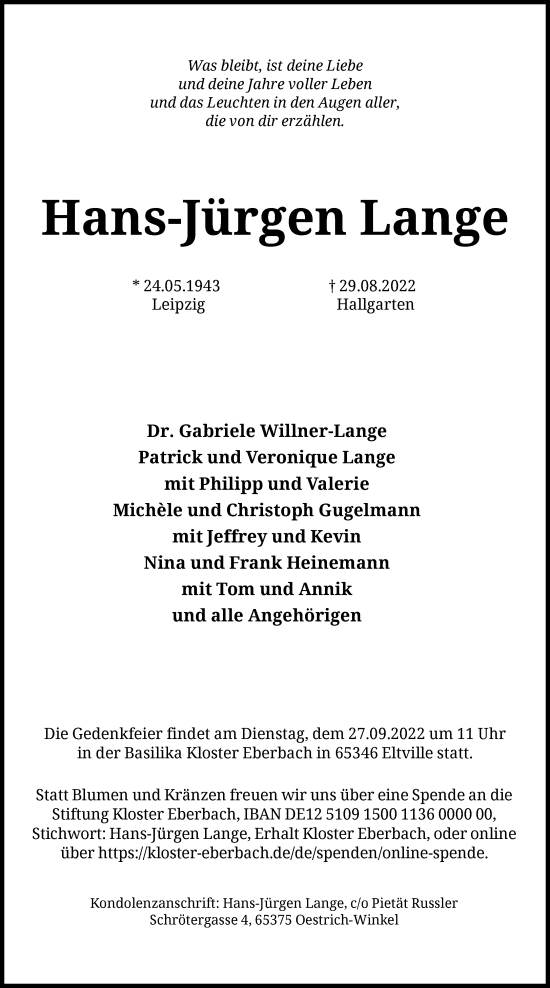 Traueranzeigen Von Hans J Rgen Lange Trauer Rheinmain De