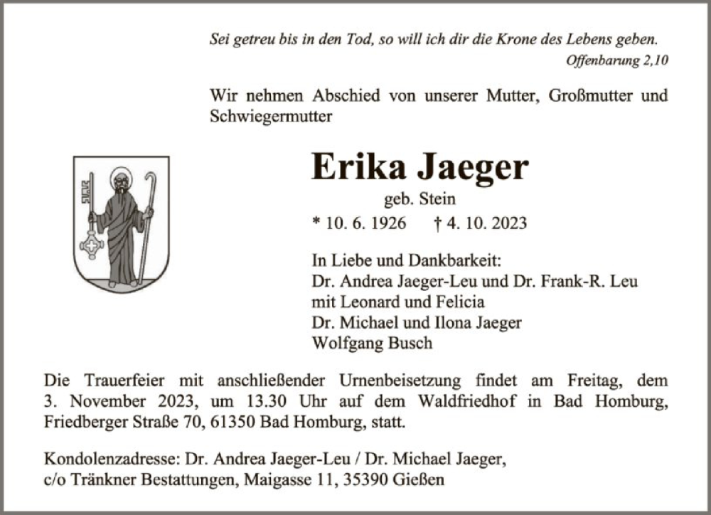 Traueranzeigen Von Erika Jaeger Trauer Rheinmain De