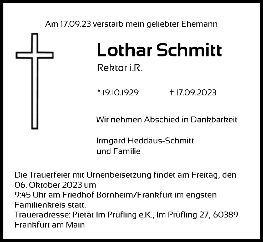 Traueranzeigen Von Lothar Schmitt Trauer Rheinmain De