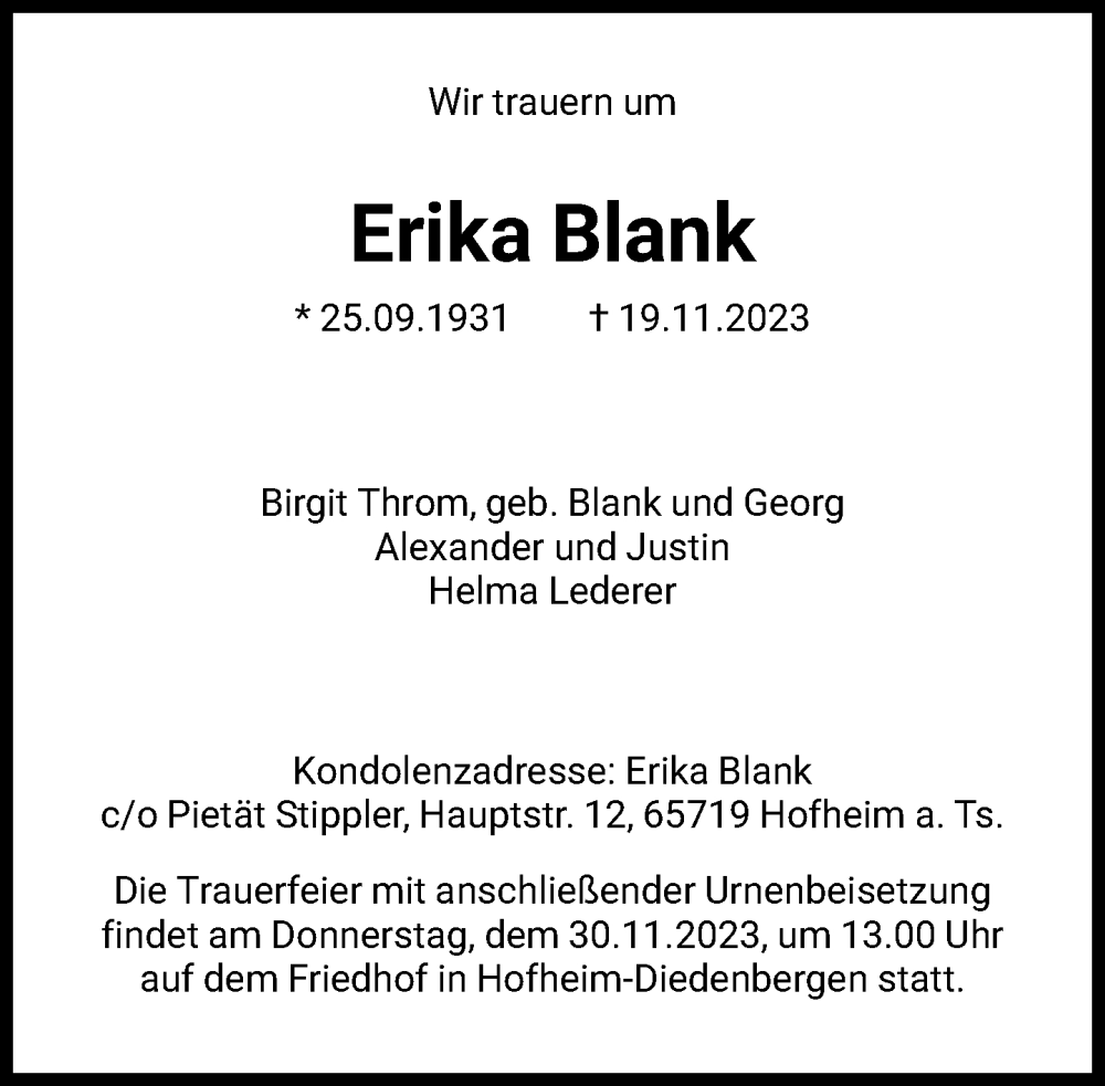 Traueranzeigen Von Erika Blank Trauer Rheinmain De