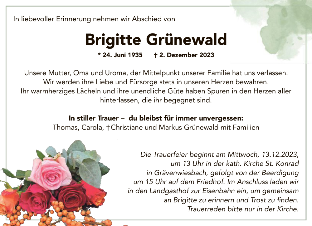 Traueranzeigen Von Brigitte Gr Newald Trauer Rheinmain De