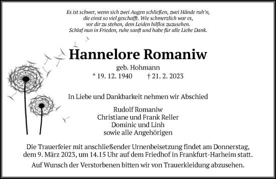 Traueranzeigen Von Hannelore Romaniw Trauer Rheinmain De