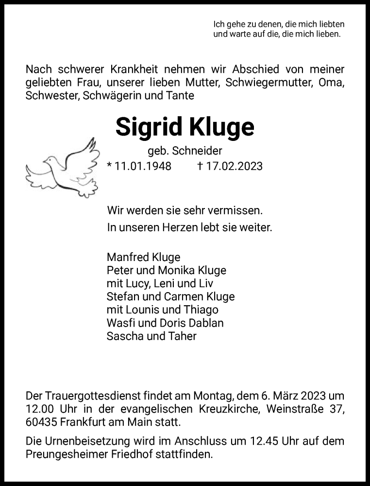 Traueranzeigen Von Sigrid Kluge Trauer Rheinmain De