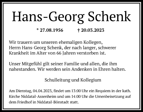 Traueranzeigen Von Hans Georg Schenk Trauer Rheinmain De