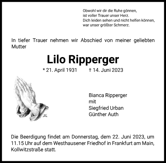 Traueranzeigen Von Lilo Ripperger Trauer Rheinmain De