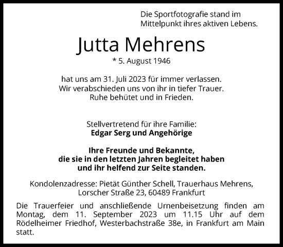 Traueranzeigen Von Jutta Mehrens Trauer Rheinmain De